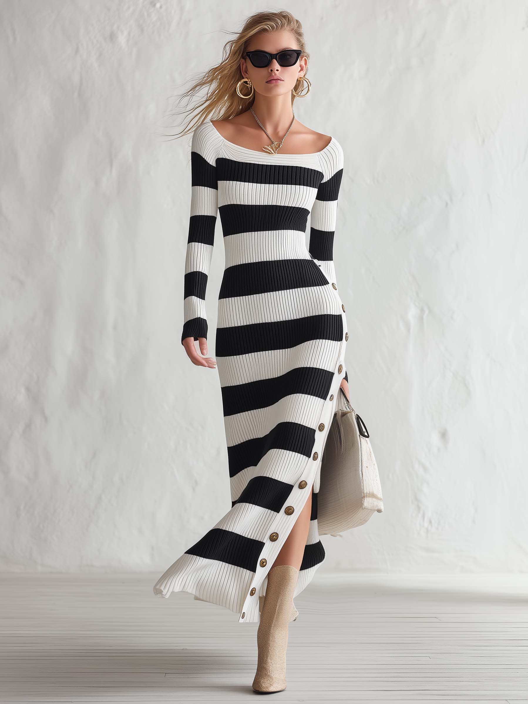 Elegant Vintage Boat Neck Black And White Striped Knit Slit Maxi Dress