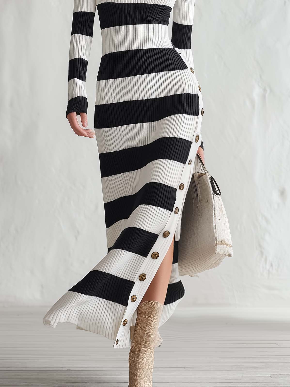 Elegant Vintage Boat Neck Black And White Striped Knit Slit Maxi Dress