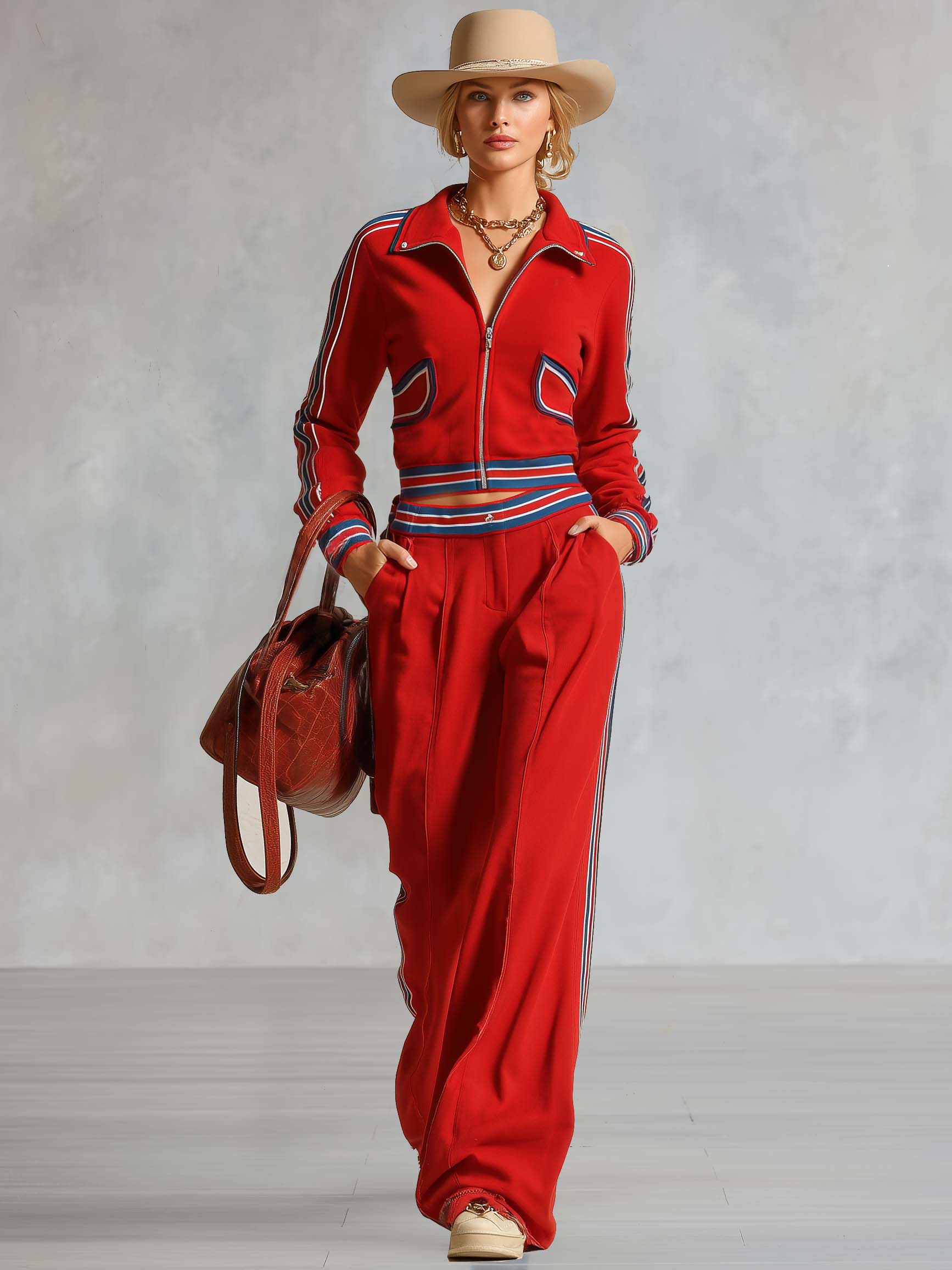 Retro Sport Color-Block Stripes Red Cotton Top And Pants Set