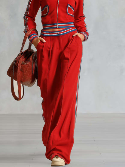 Retro Sport Color-Block Stripes Red Cotton Top And Pants Set
