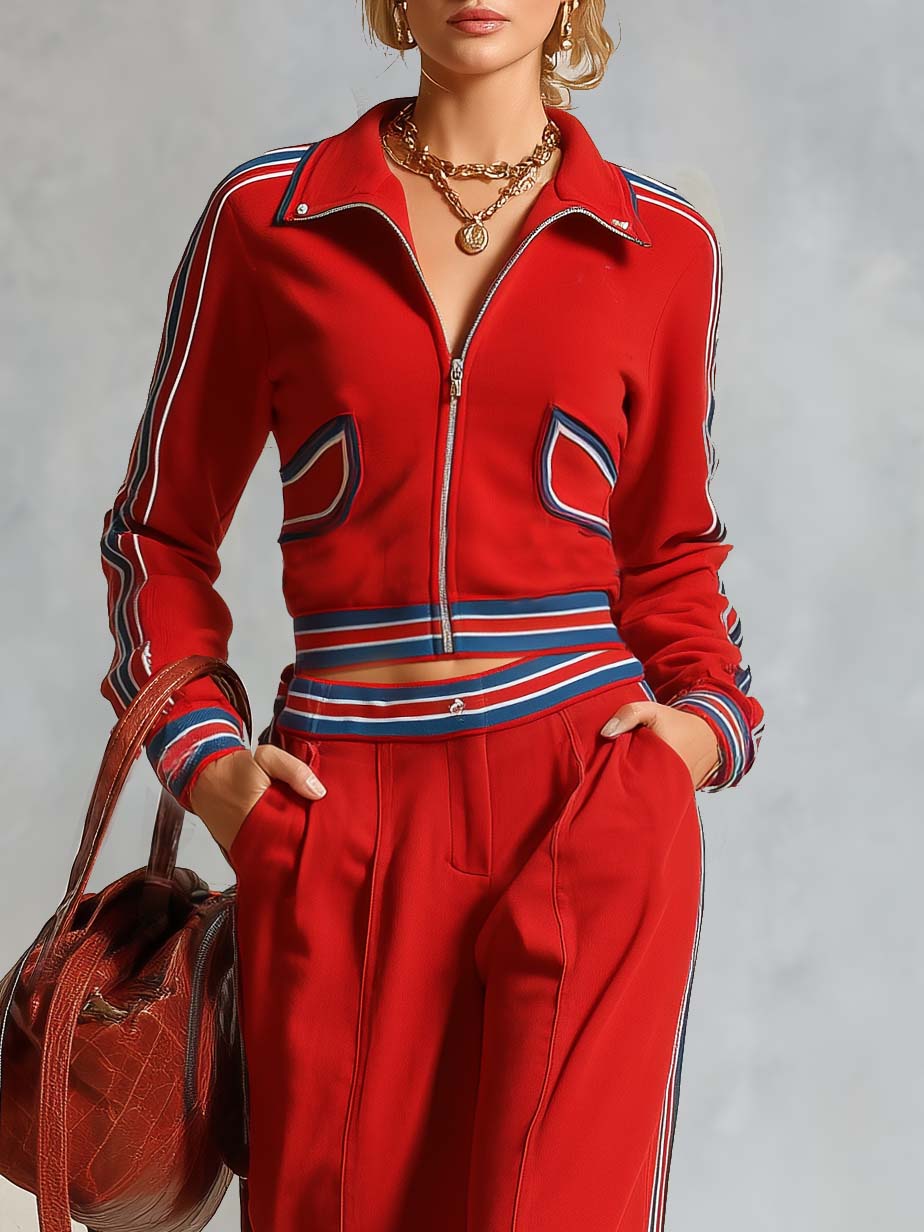 Retro Sport Color-Block Stripes Red Cotton Top And Pants Set
