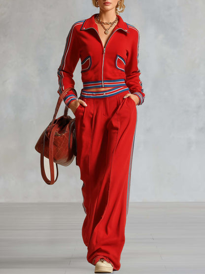 Retro Sport Color-Block Stripes Red Cotton Top And Pants Set