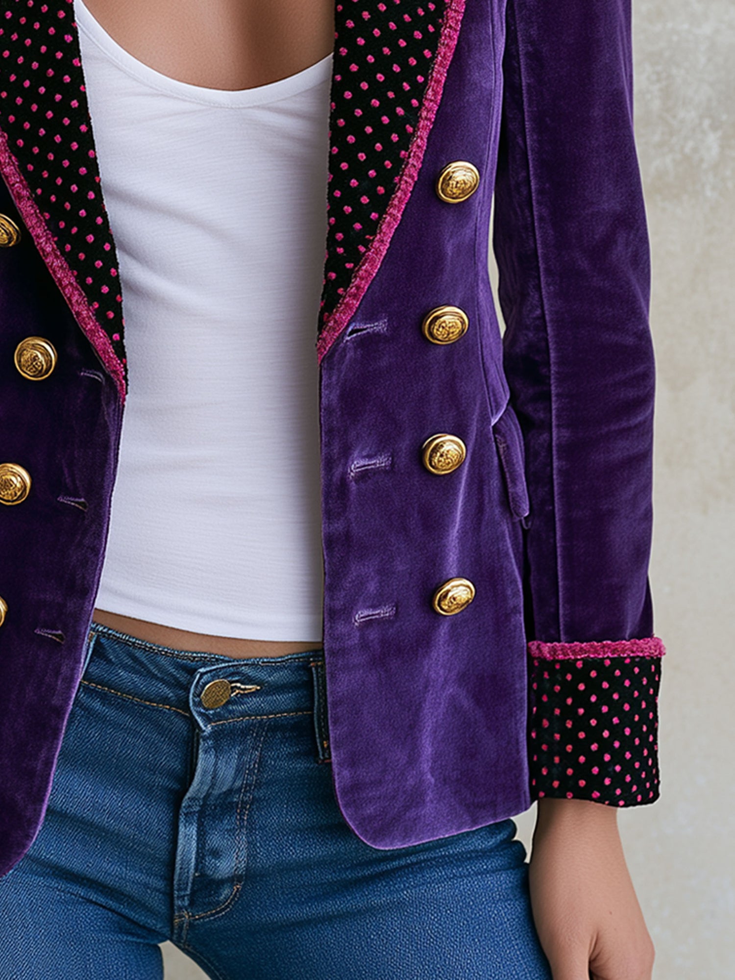 Fashionable Retro Polka Dot Purple Velvet Blazer