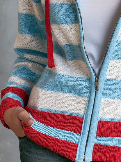 Casual Retro Color-blocked Striped Hooded Zip-up Knit Cardigan