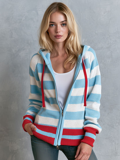 Casual Retro Color-blocked Striped Hooded Zip-up Knit Cardigan
