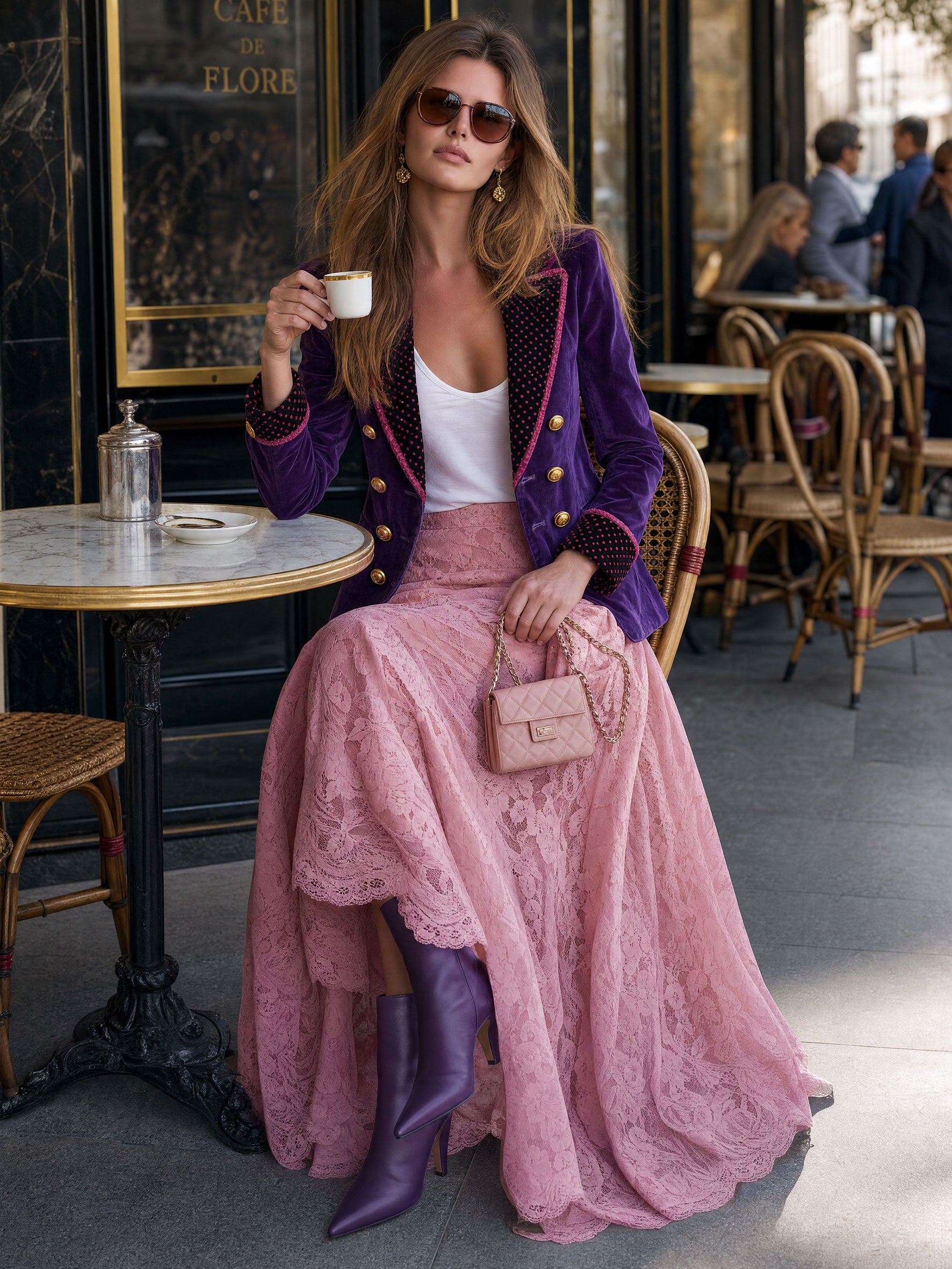 Fashionable Retro Polka Dot Purple Velvet Blazer