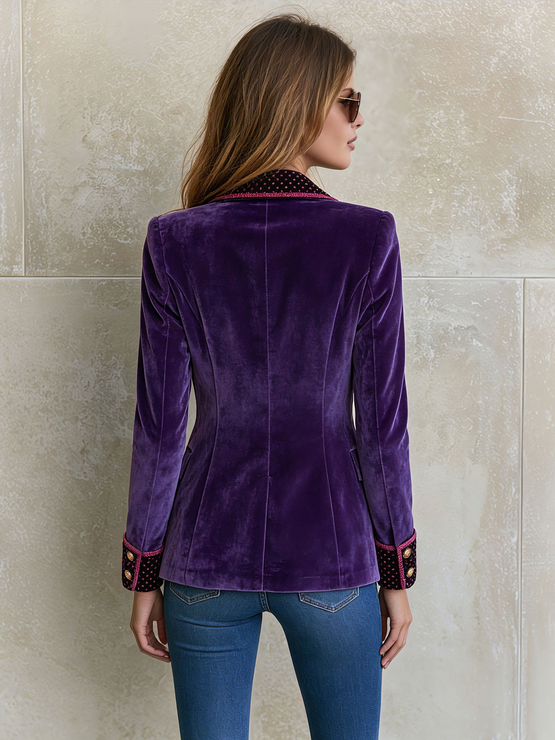 Fashionable Retro Polka Dot Purple Velvet Blazer