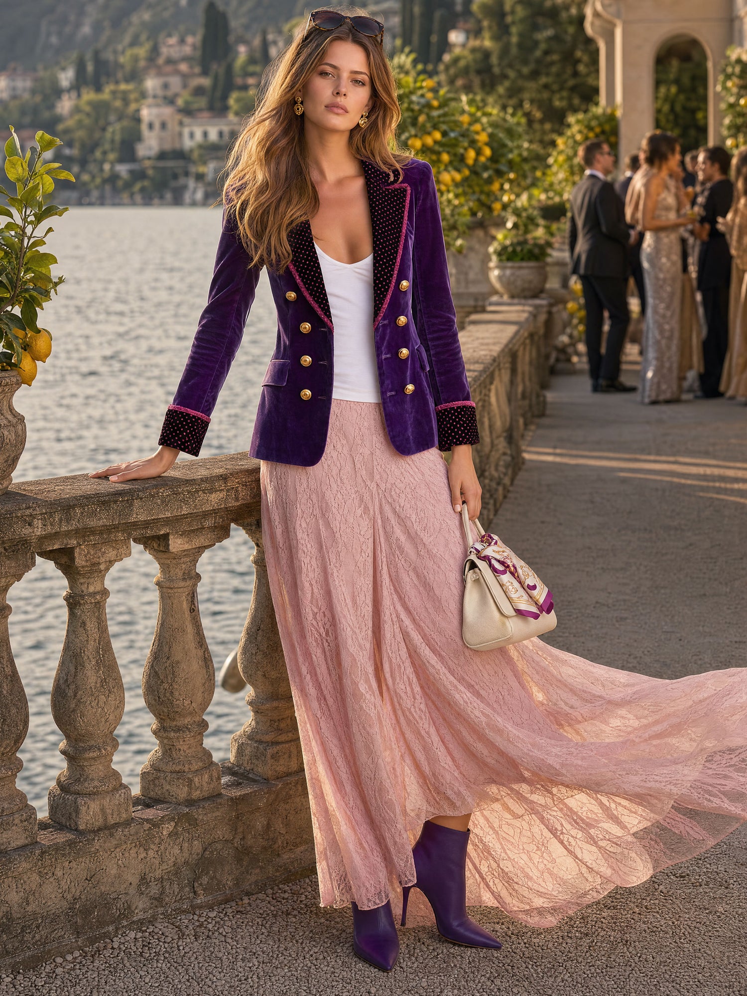 Fashionable Retro Polka Dot Purple Velvet Blazer