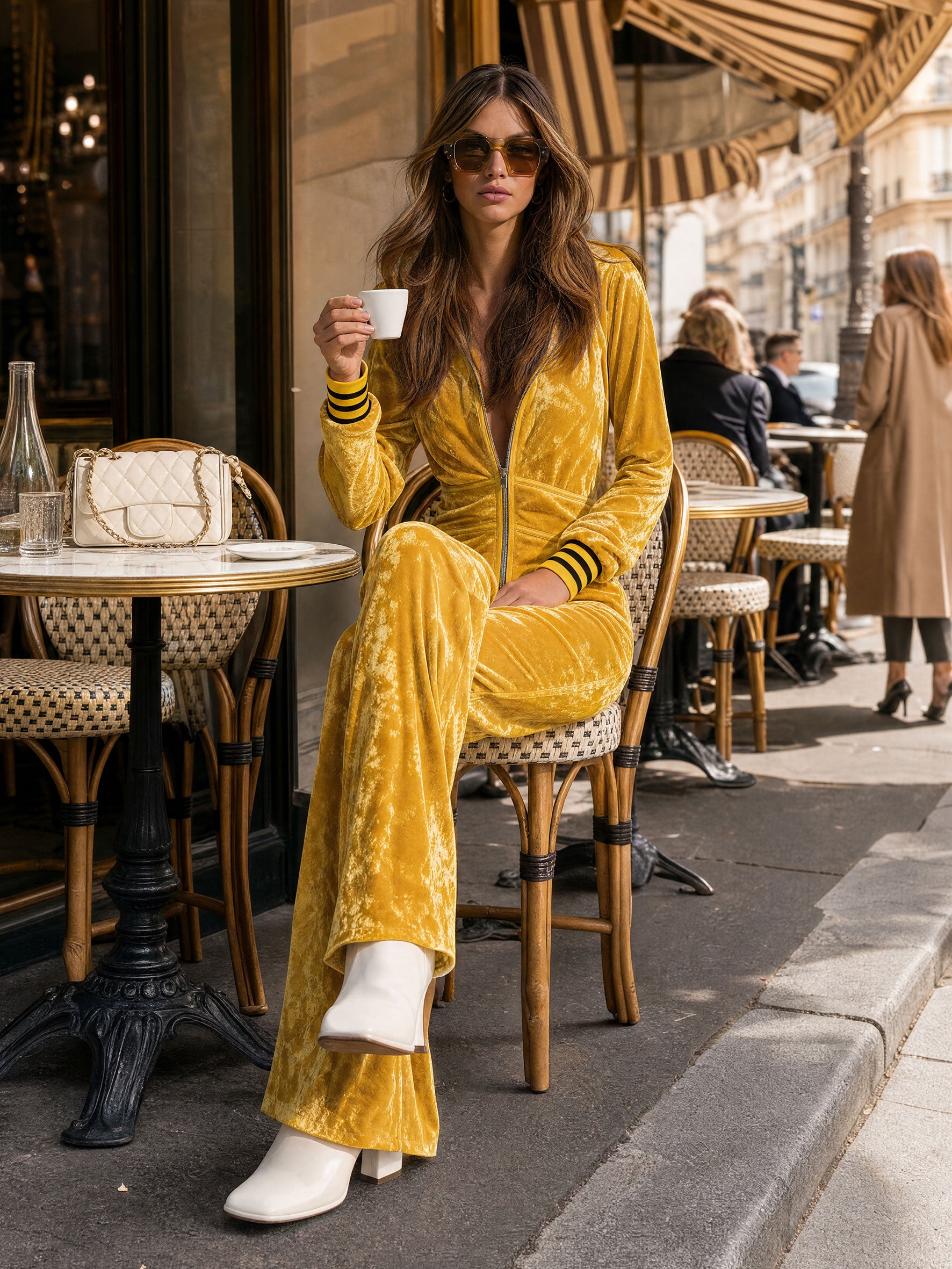 Stylish Retro Yellow Velvet Zipper Long-Sleeved Jumpsuit