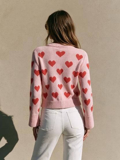 Fashionable Retro Heart-shaped Pink Knitted Zip-up Cardigan
