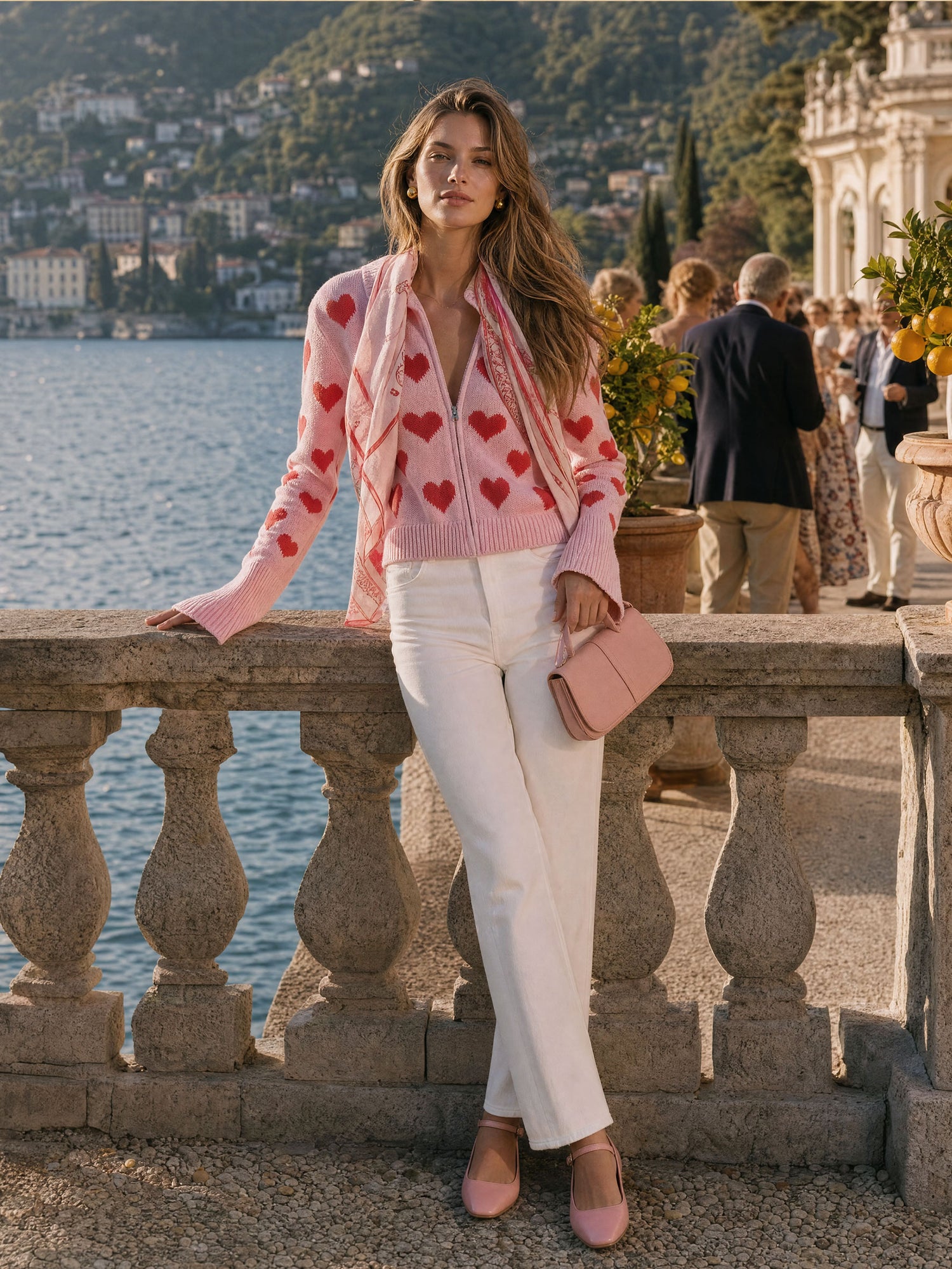 Fashionable Retro Heart-shaped Pink Knitted Zip-up Cardigan