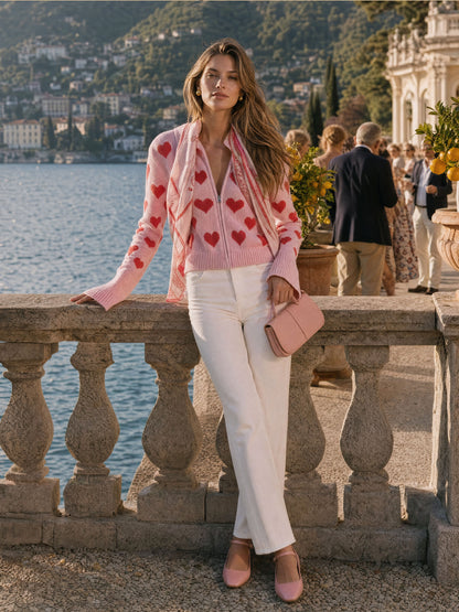 Fashionable Retro Heart-shaped Pink Knitted Zip-up Cardigan