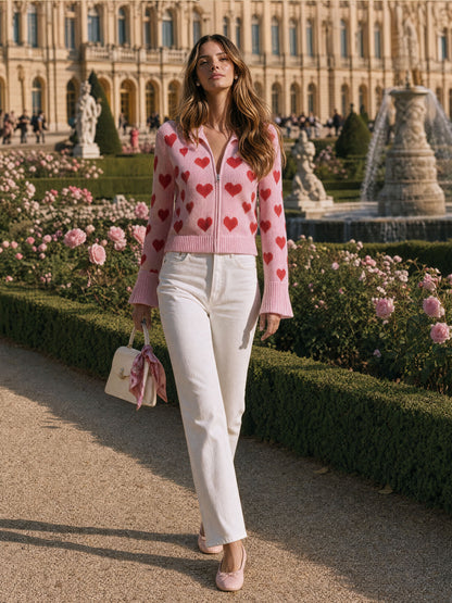 Fashionable Retro Heart-shaped Pink Knitted Zip-up Cardigan