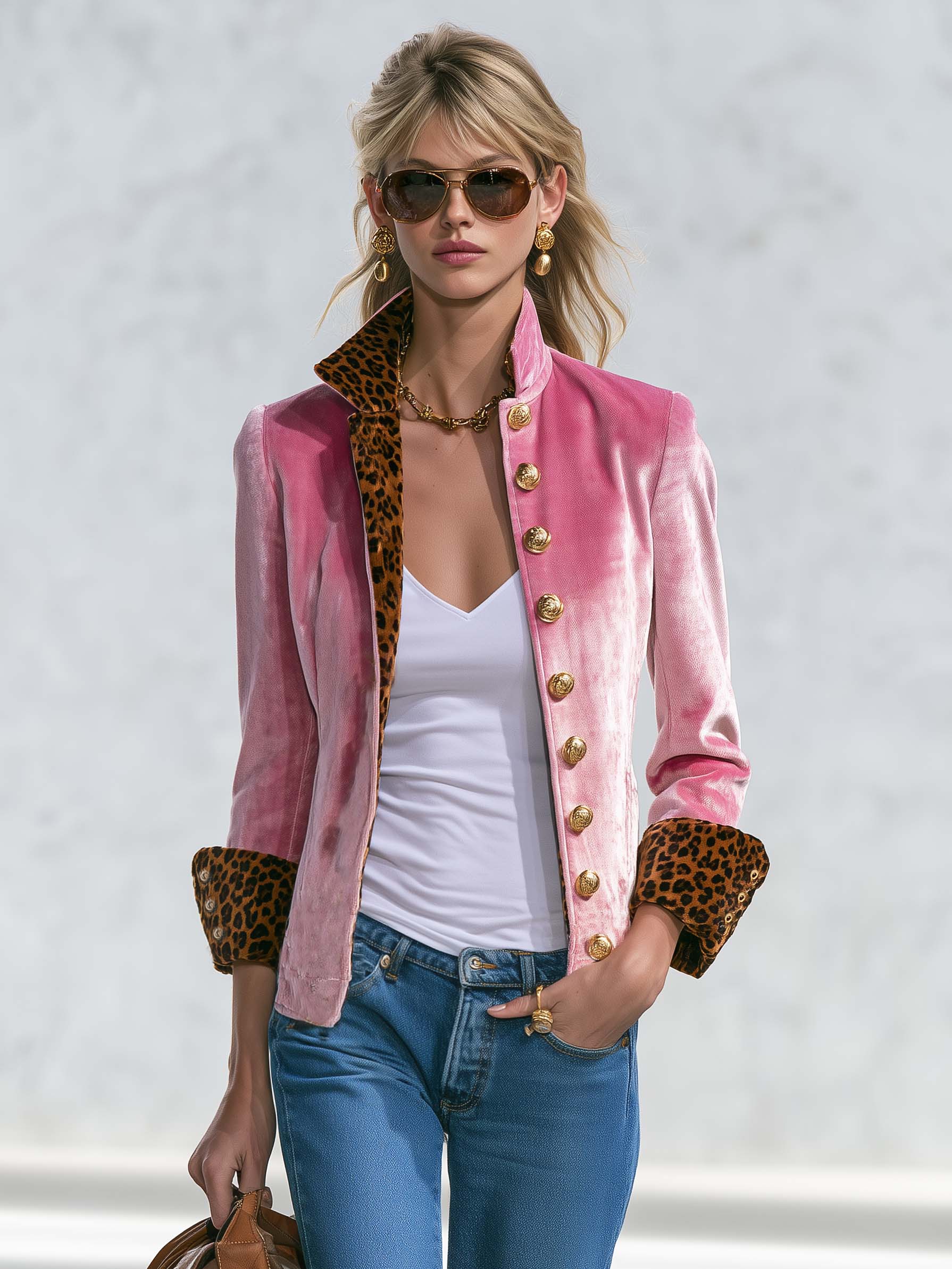 Exquisite Retro Leopard Print Color Blocking Stand-collar Single-breasted Velvet Jacket