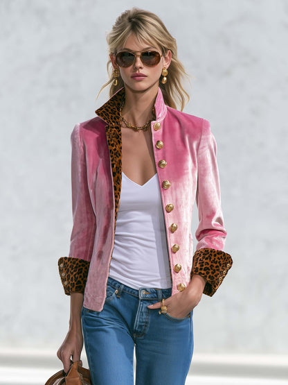 Exquisite Retro Leopard Print Color Blocking Stand-collar Single-breasted Velvet Jacket