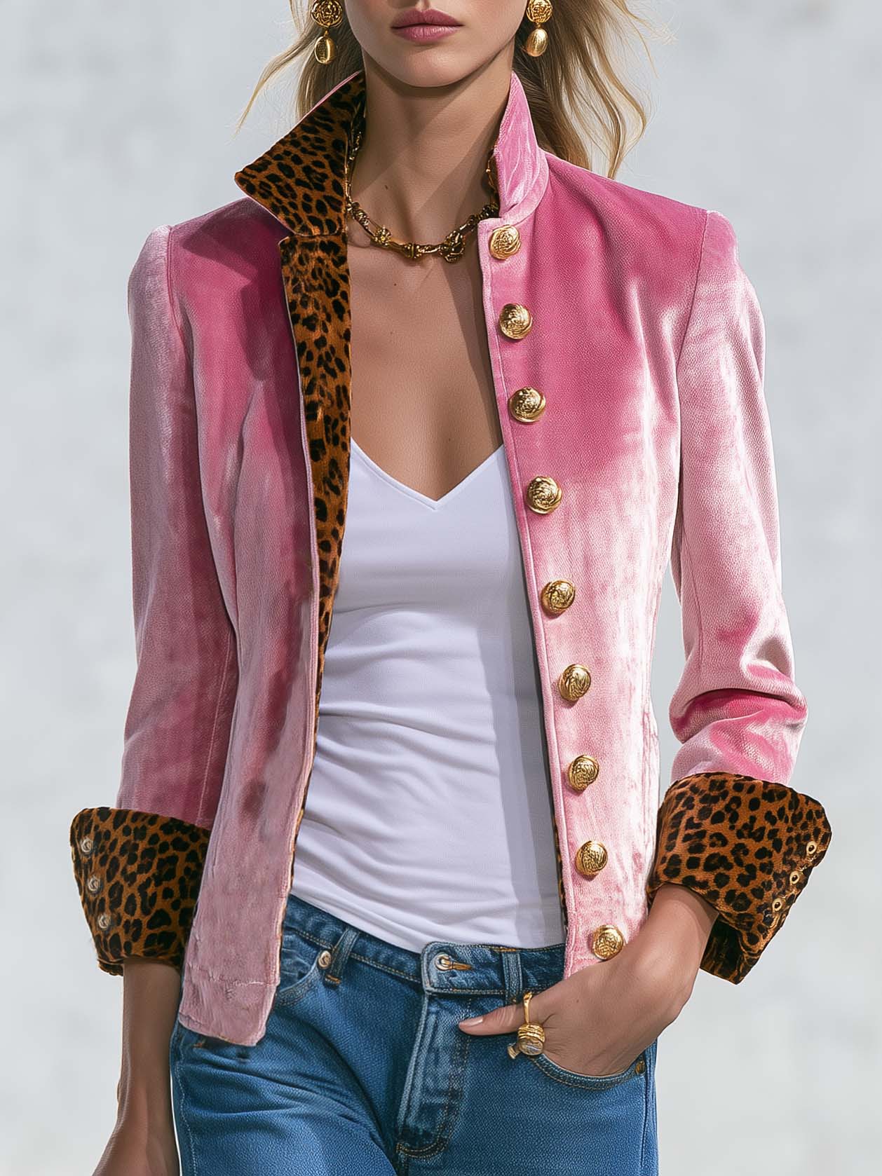 Exquisite Retro Leopard Print Color Blocking Stand-collar Single-breasted Velvet Jacket