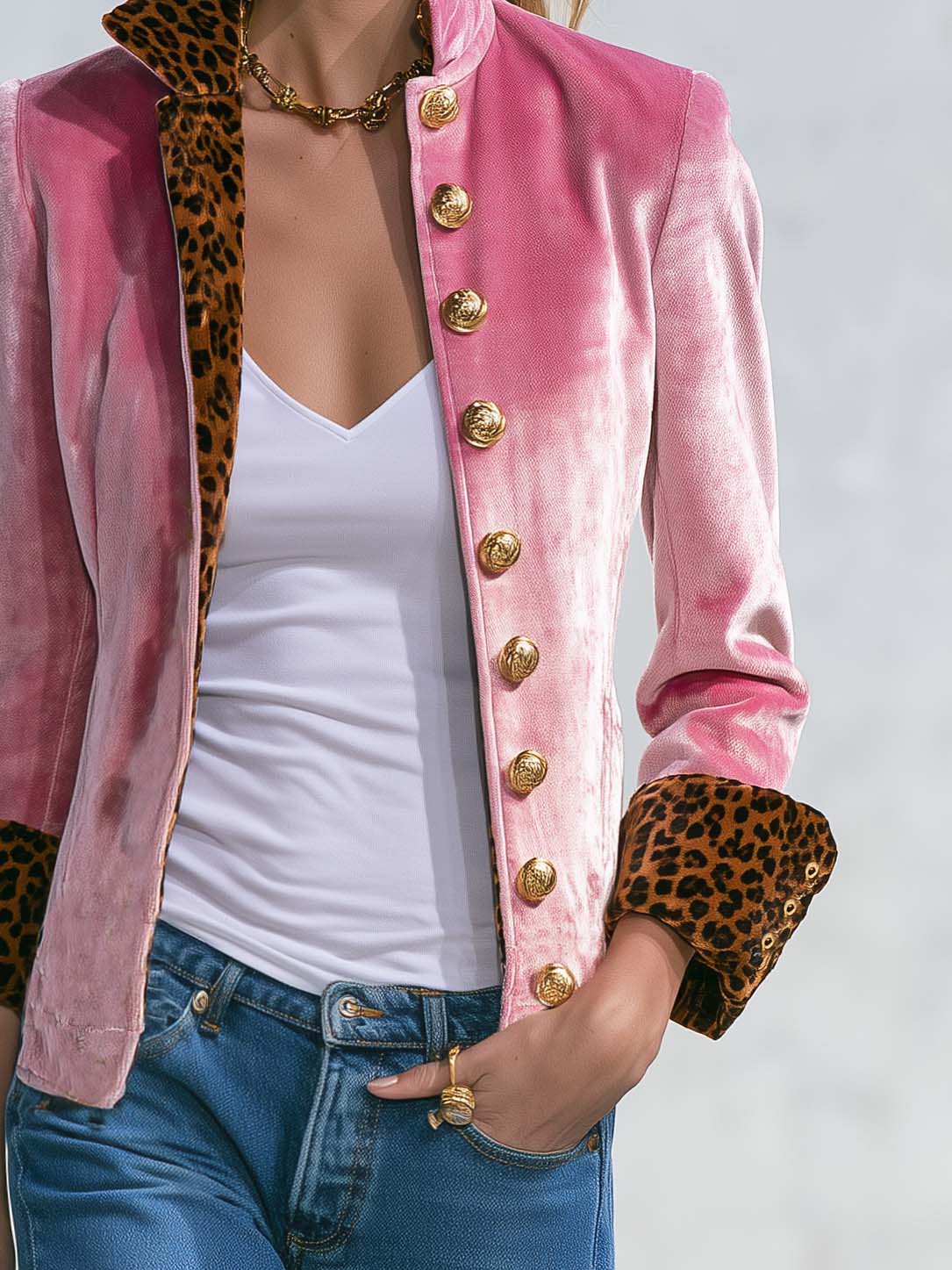 Exquisite Retro Leopard Print Color Blocking Stand-collar Single-breasted Velvet Jacket