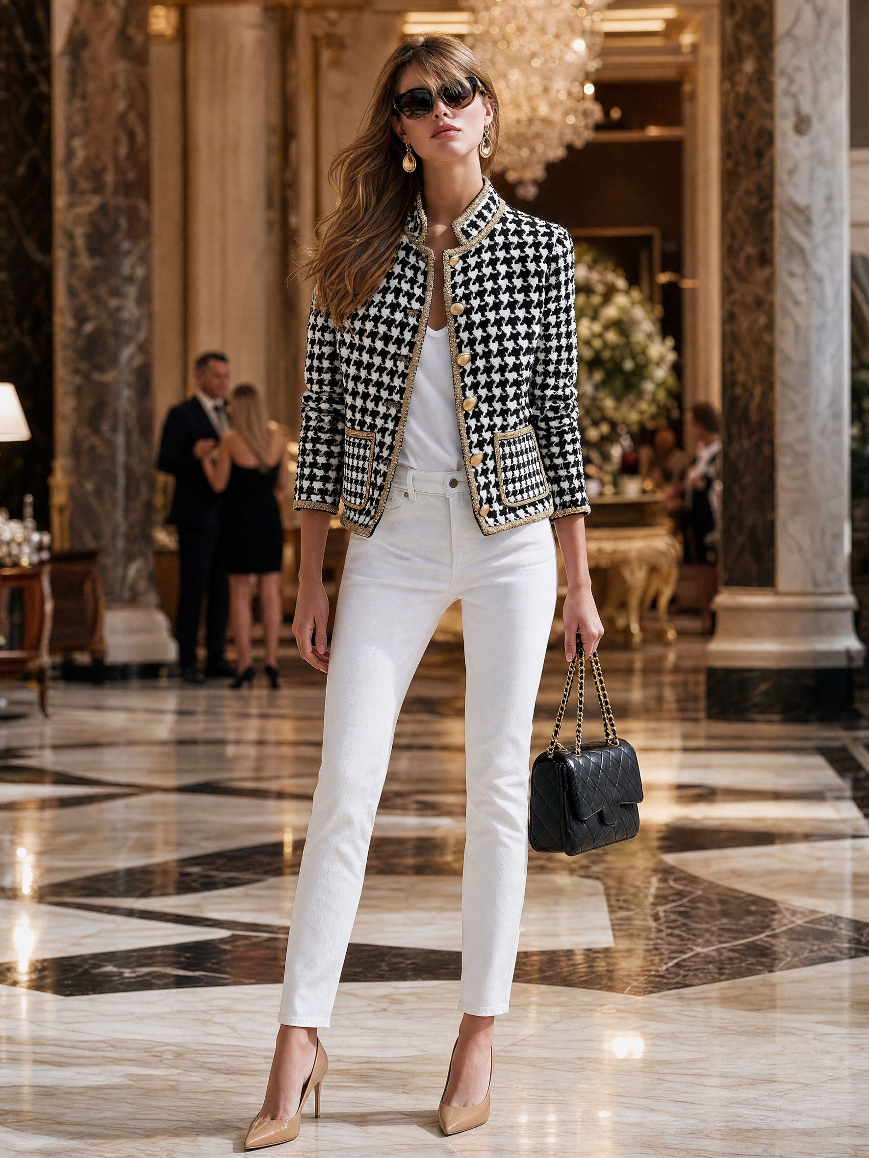 Fashionable Retro Gold-threaded Black And White Houndstooth Jacket