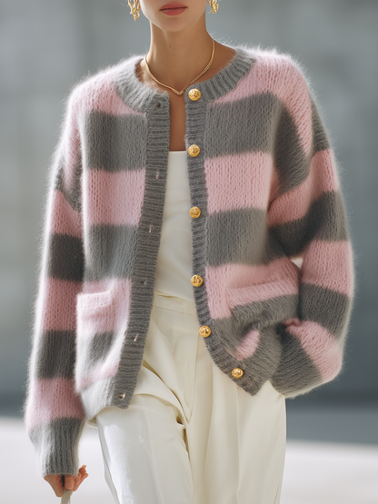 Retro-chic Color-block Striped Knit Cardigan