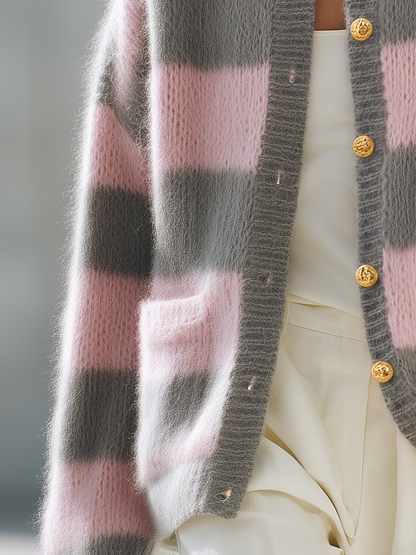 Retro-chic Color-block Striped Knit Cardigan