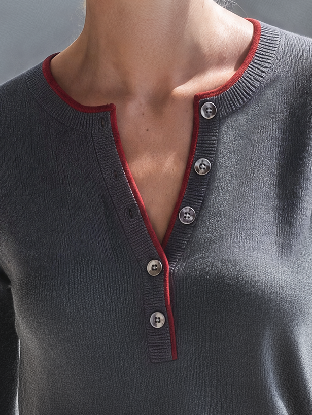Retro-casual Elegant Henley-neck Knit Top