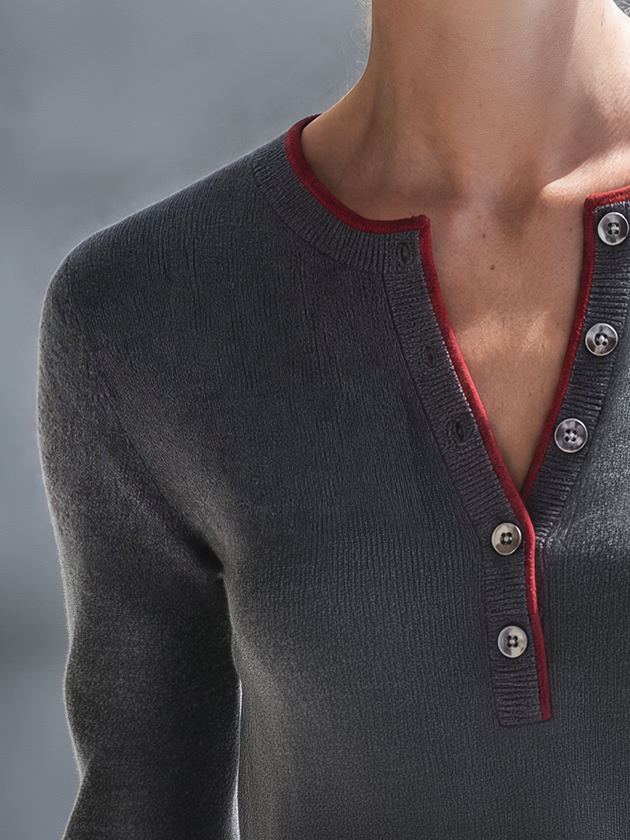 Retro-casual Elegant Henley-neck Knit Top