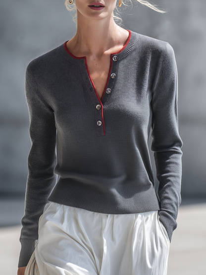 Retro-casual Elegant Henley-neck Knit Top