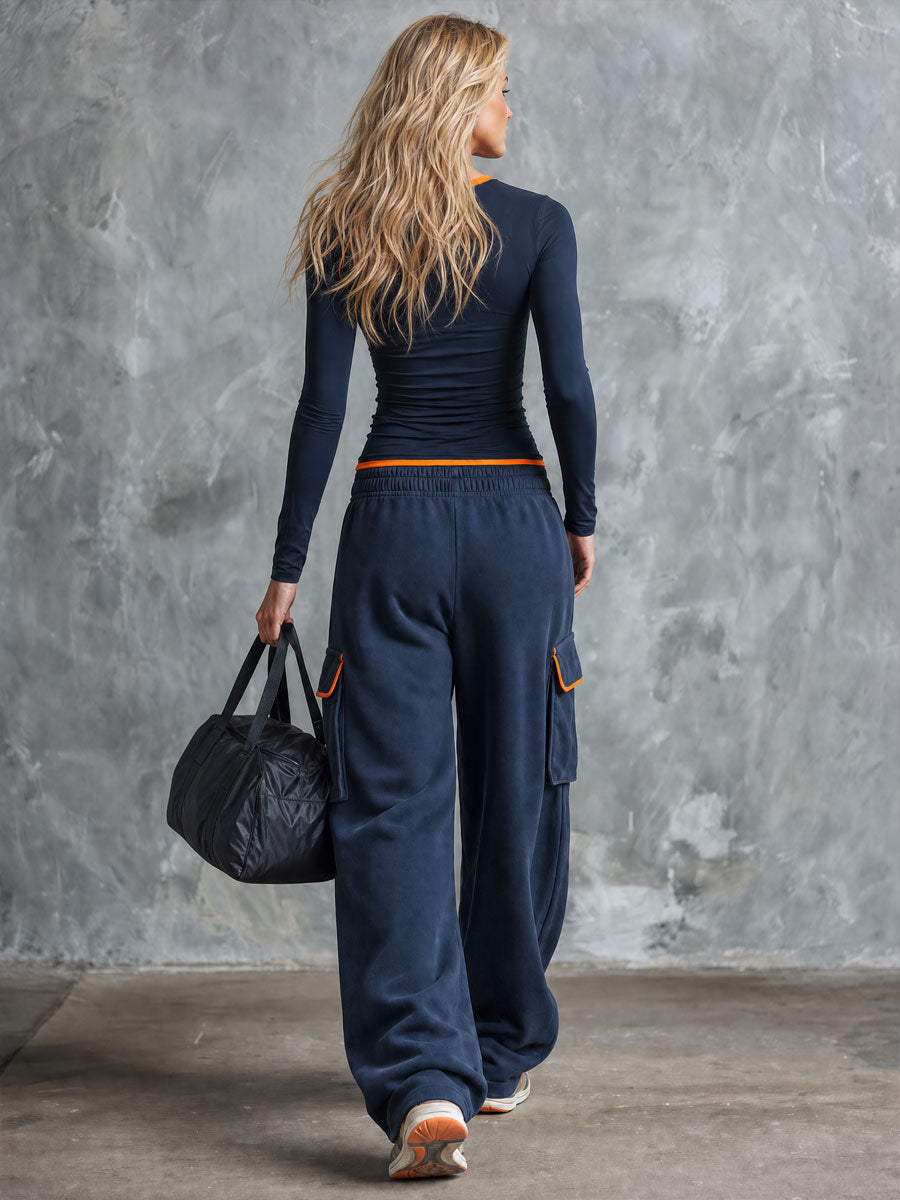 Retro Sporty Color-blocked Blue Cotton Pants