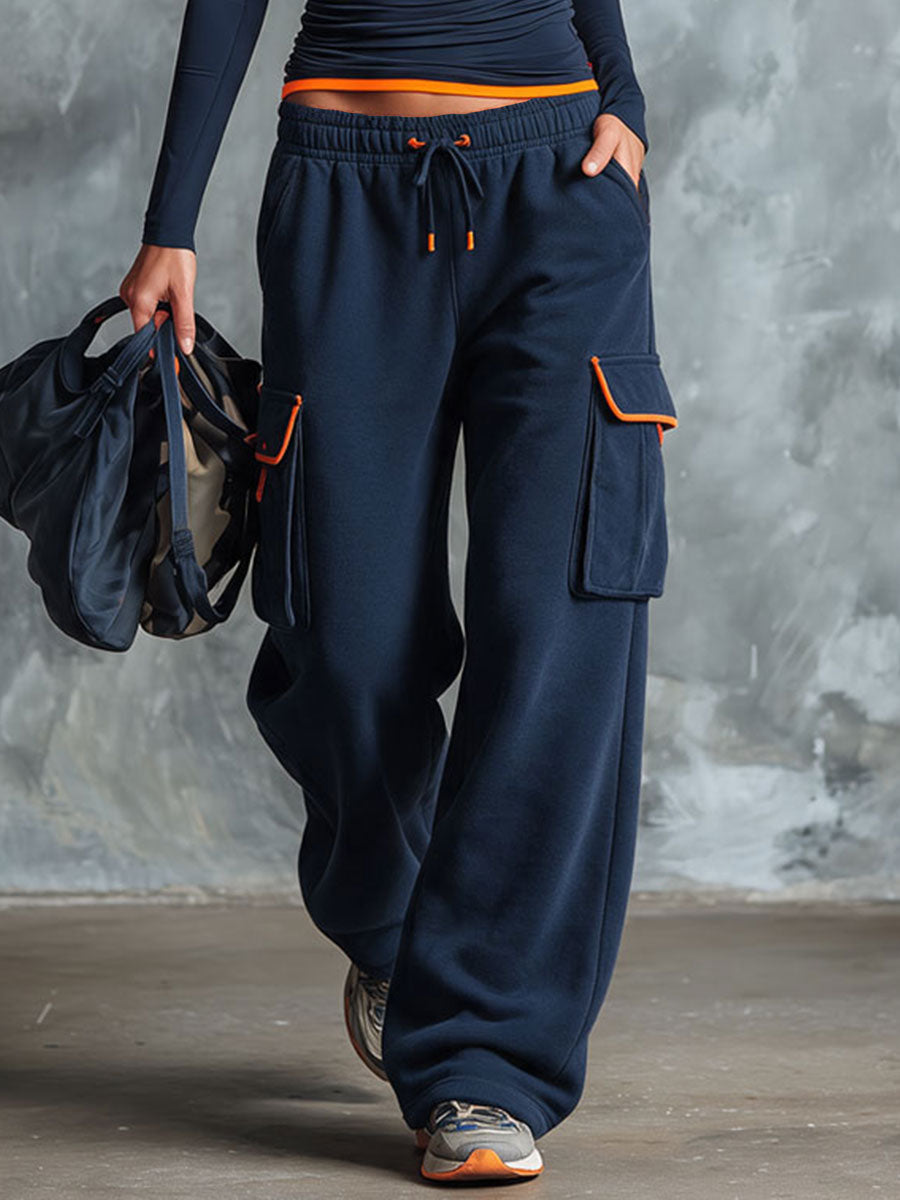 Retro Sporty Color-blocked Blue Cotton Pants