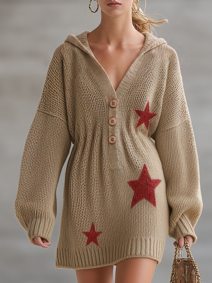 Retro-casual Elegant Red Star-patterned Knitted Hooded Dress