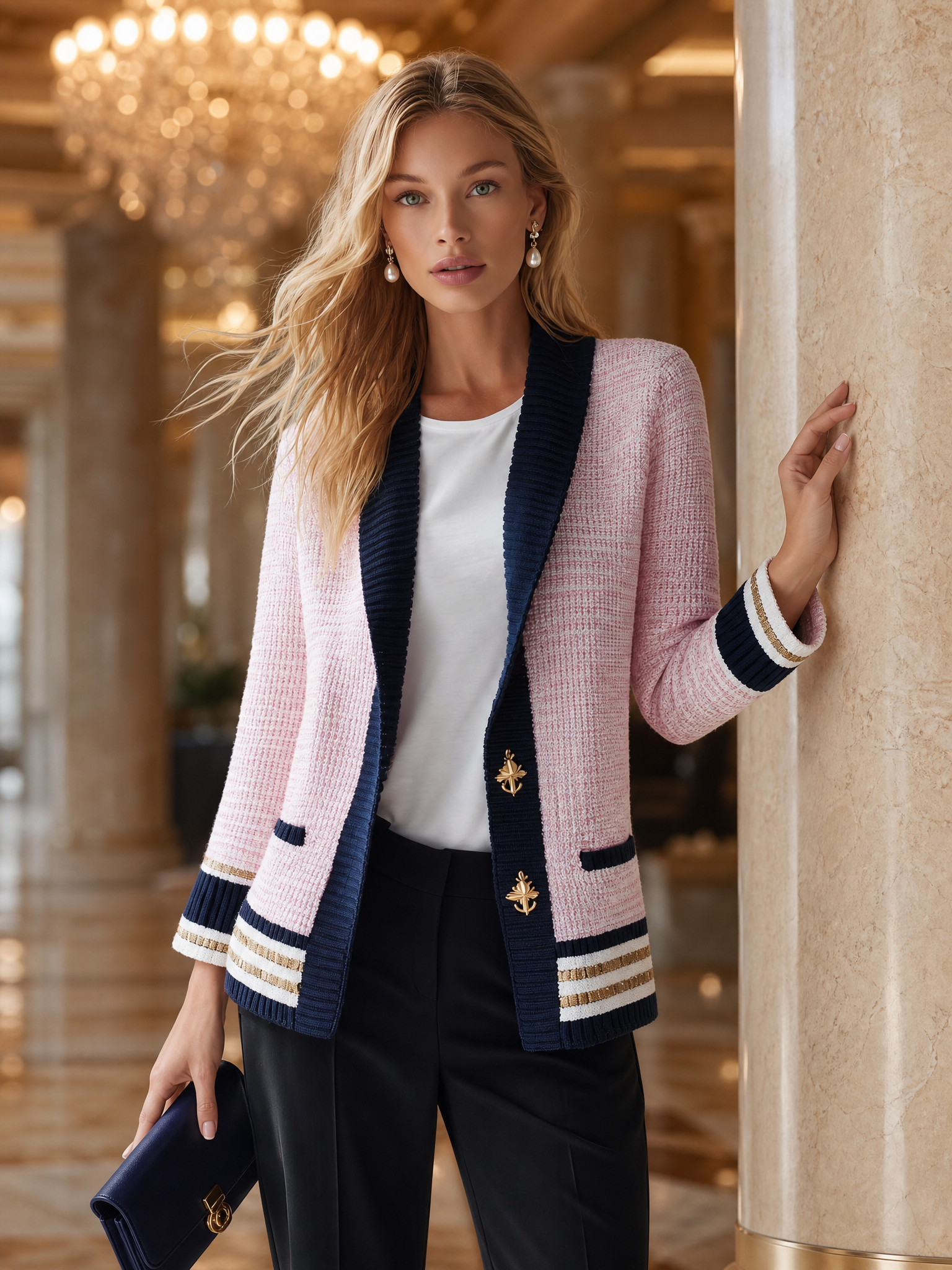 Elegant Classic Contrasting Shawl Collar Light Pink Knit Jacket