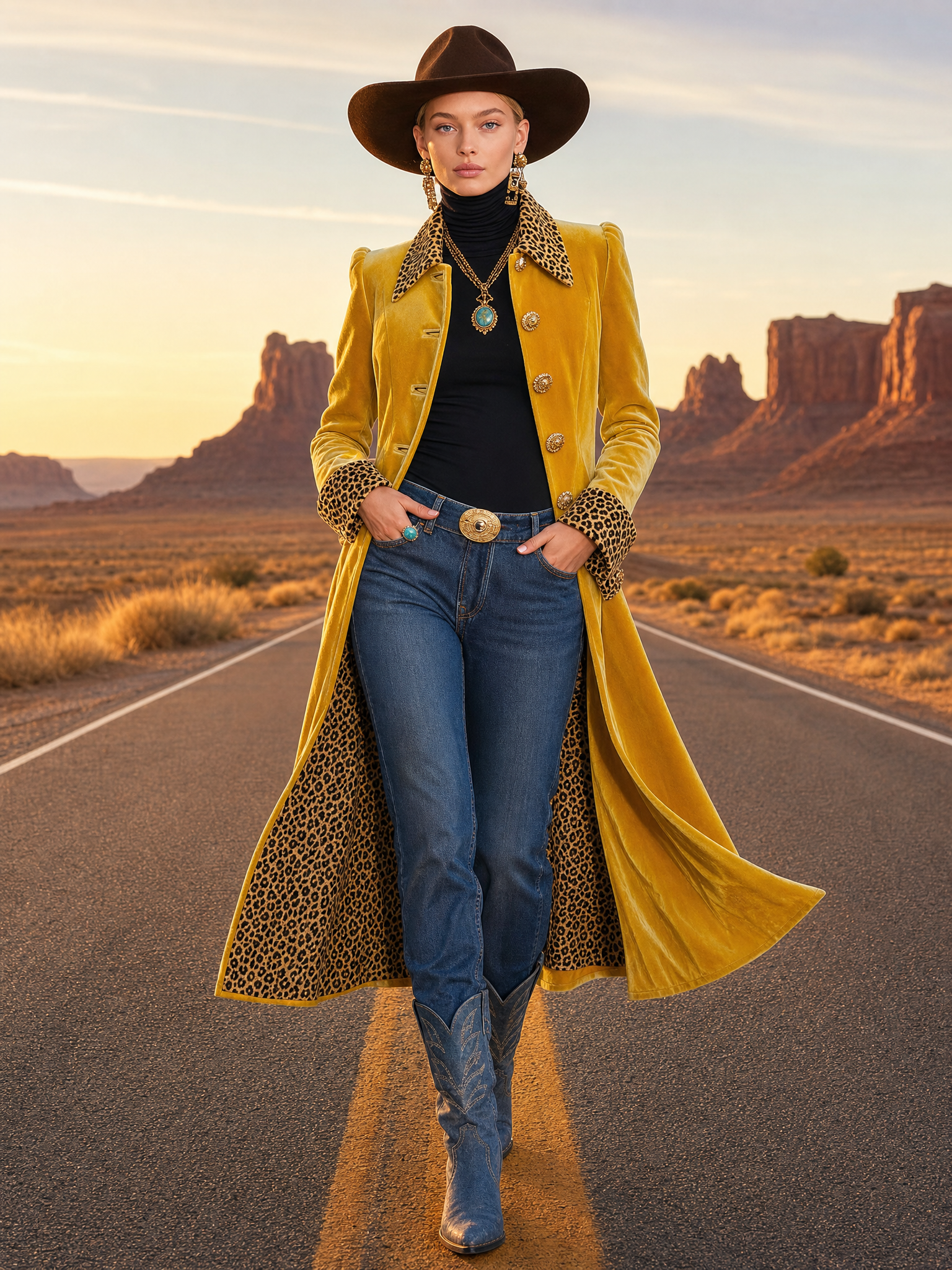 Vintage Classic Leopard-print Lapel Single-breasted Yellow Velvet Coat