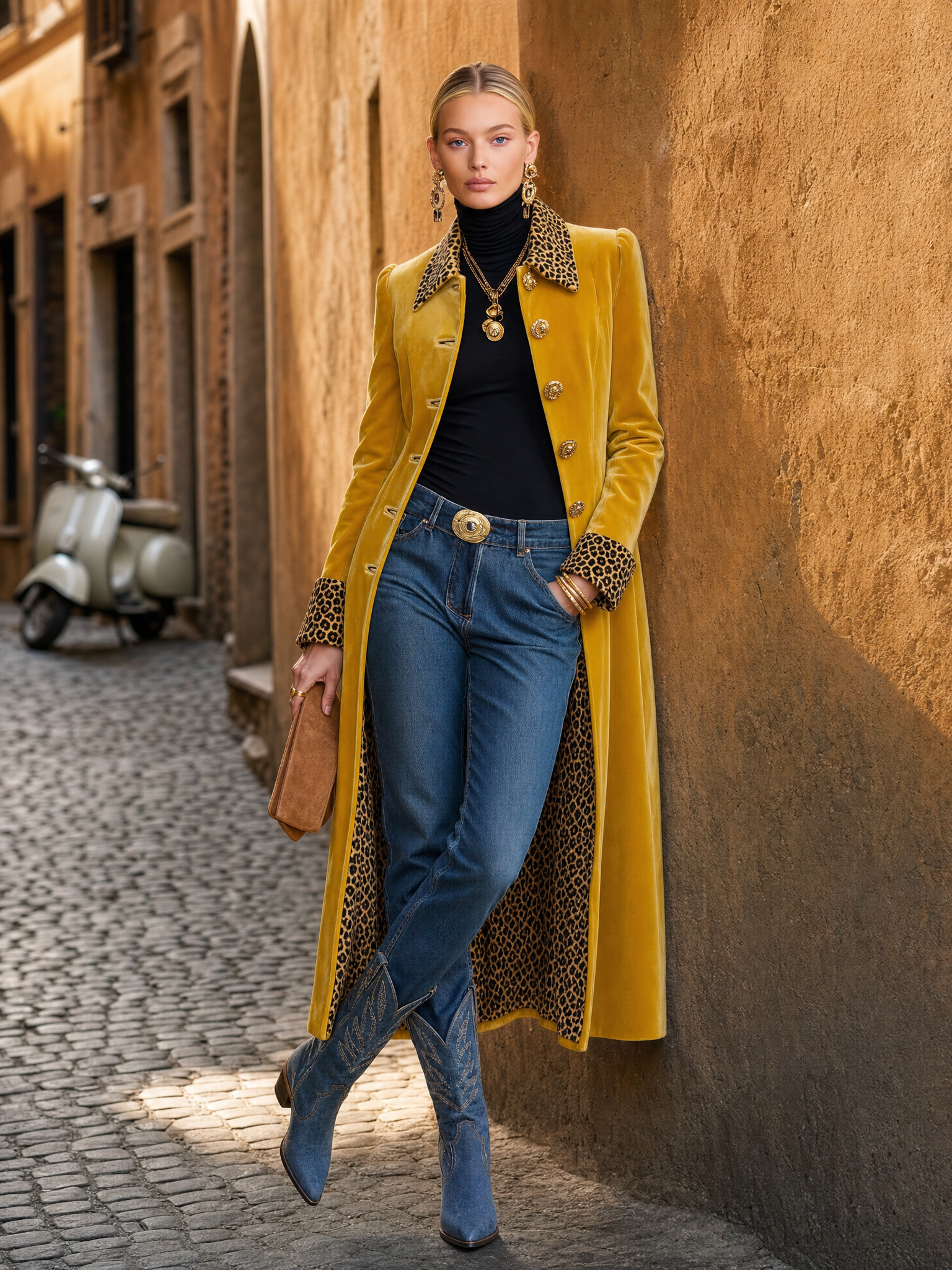 Vintage Classic Leopard-print Lapel Single-breasted Yellow Velvet Coat