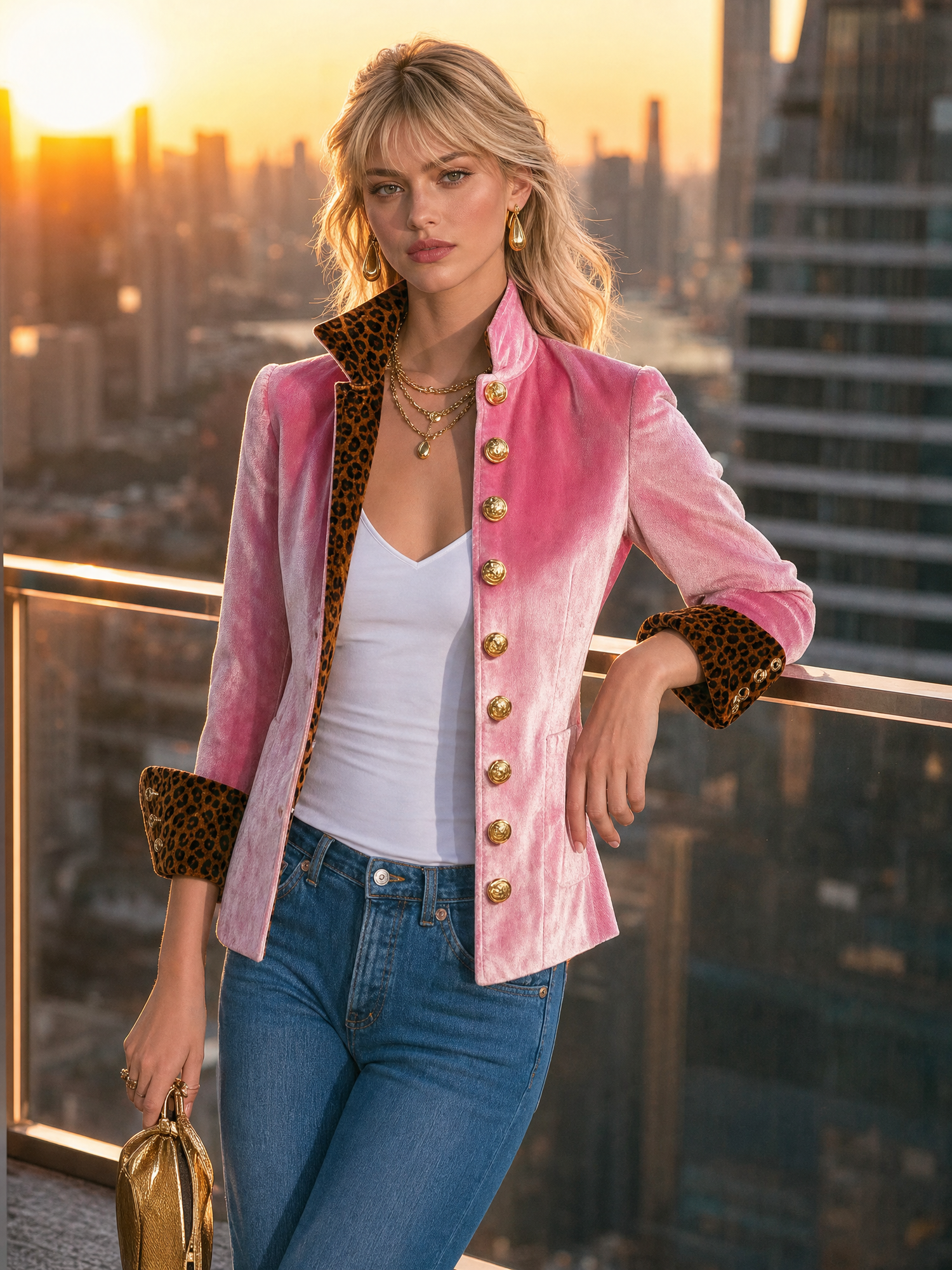 Exquisite Retro Leopard Print Color Blocking Stand-collar Single-breasted Velvet Jacket