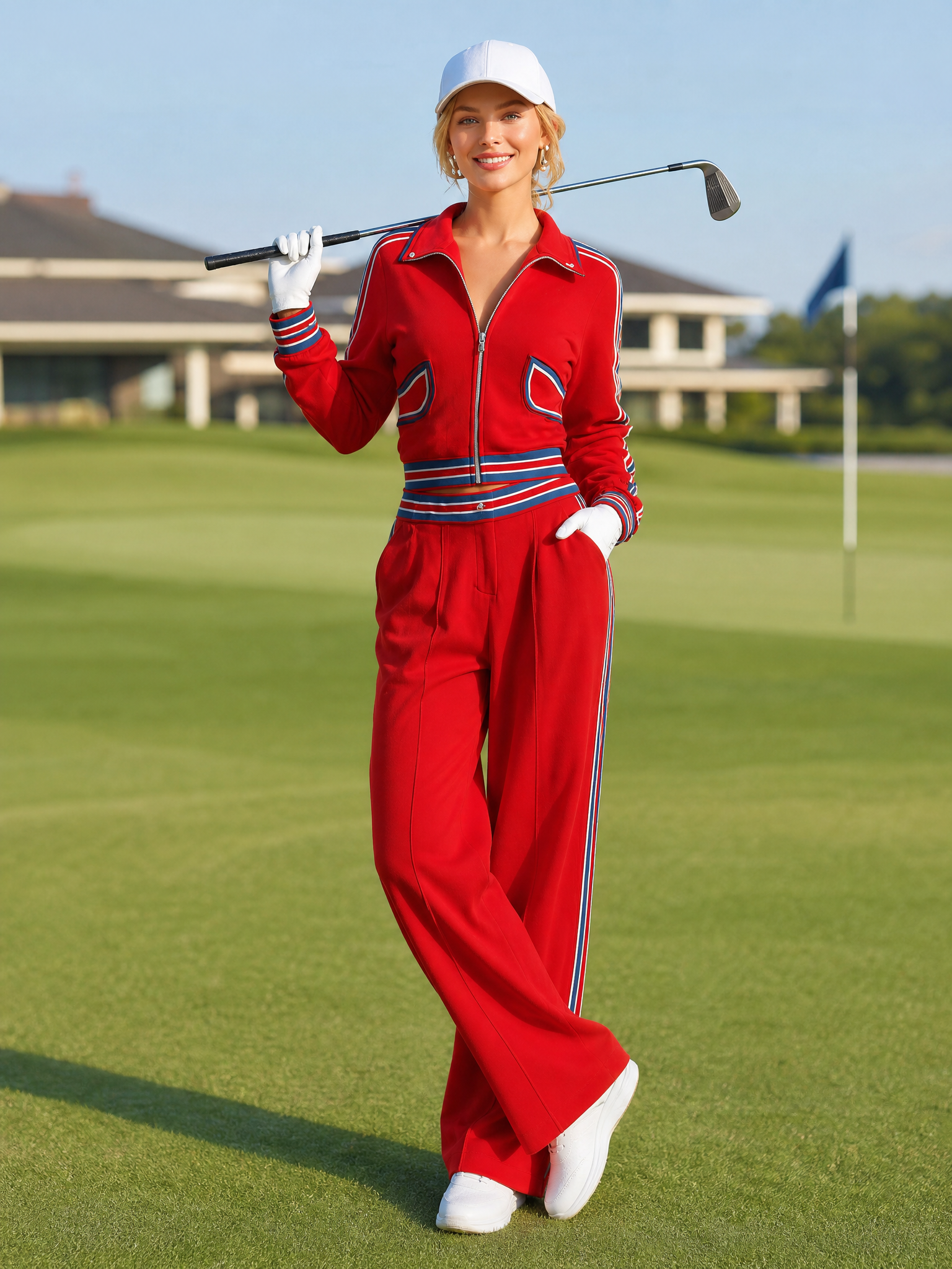 Retro Sport Color-Block Stripes Red Cotton Top And Pants Set