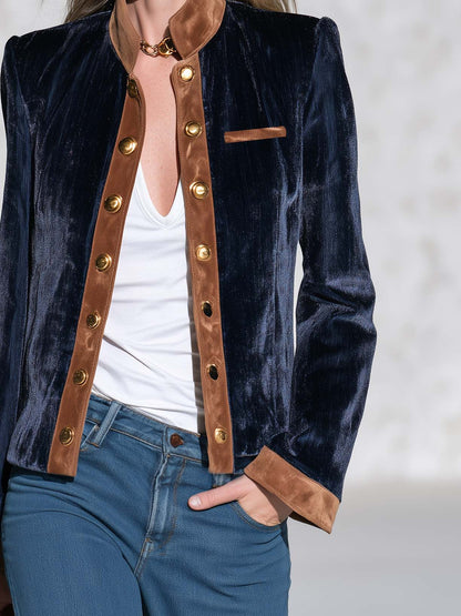 Vintage Dark Blue Velvet Suede-Trim Gold-Button Stand-Collar Military Jacket Women