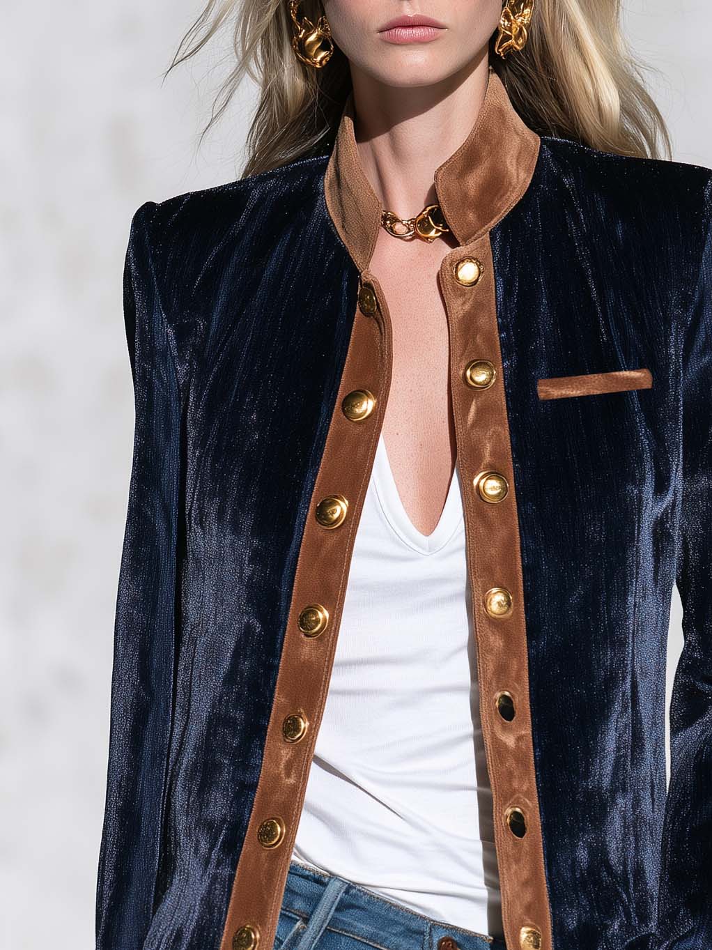Vintage Dark Blue Velvet Suede-Trim Gold-Button Stand-Collar Military Jacket Women