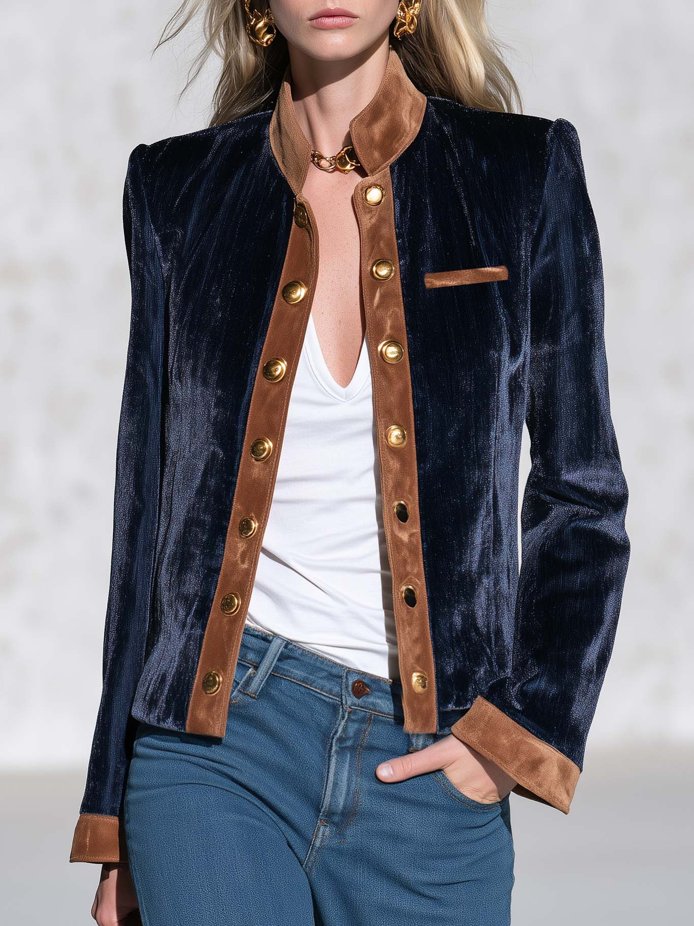 Vintage Dark Blue Velvet Suede-Trim Gold-Button Stand-Collar Military Jacket Women