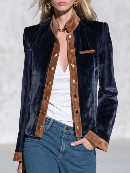 Vintage Dark Blue Velvet Suede-Trim Gold-Button Stand-Collar Military Jacket Women