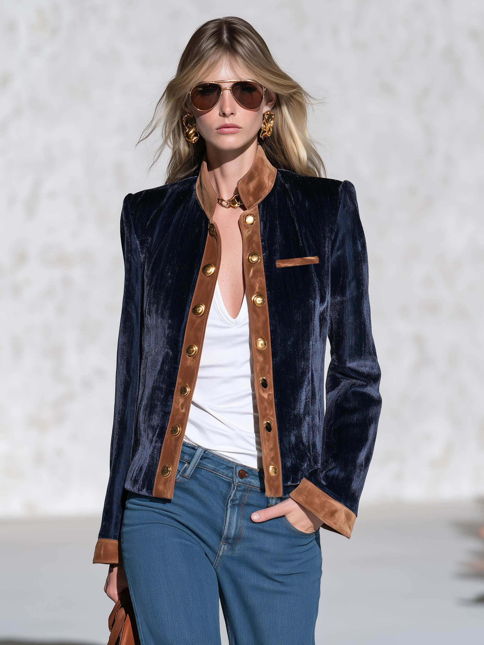 Vintage Dark Blue Velvet Suede-Trim Gold-Button Stand-Collar Military Jacket Women