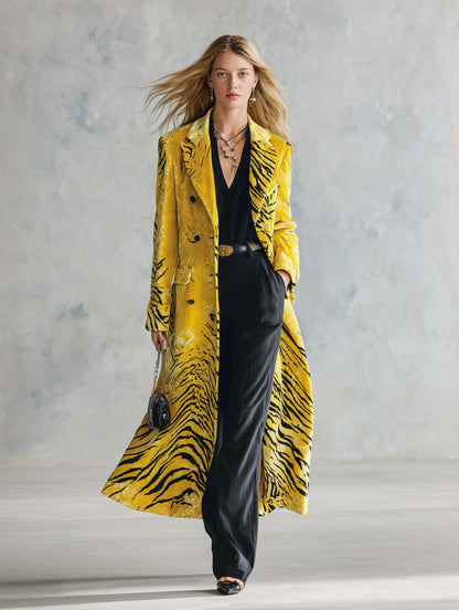 Retro-chic Yellow Zebra-print Velvet Collared Coat