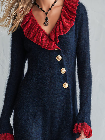 Elegant Color-Block Ruffled Dark Blue V-Neck Mohair Knitted Maxi Dress