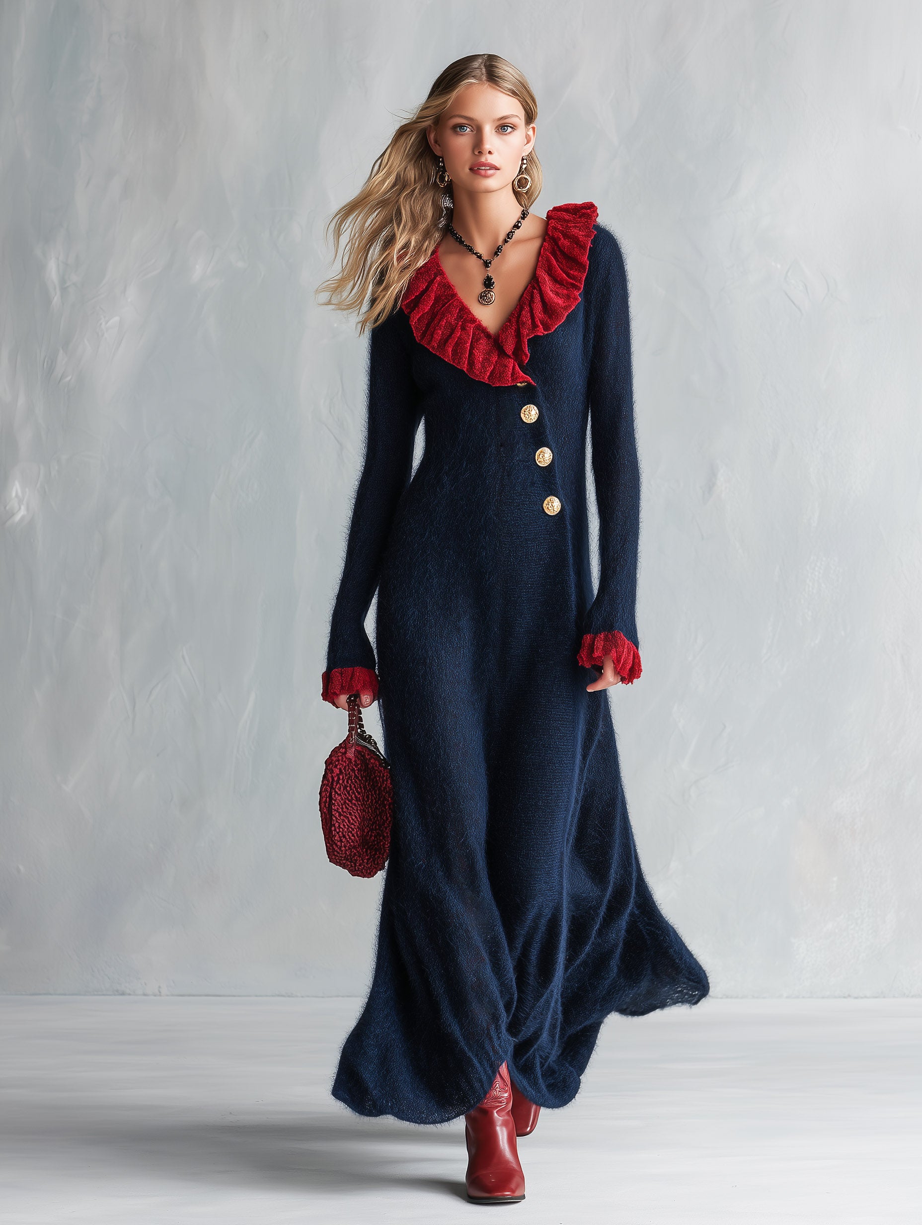 Elegant Color-Block Ruffled Dark Blue V-Neck Mohair Knitted Maxi Dress