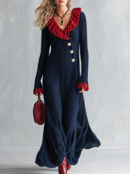 Elegant Color-Block Ruffled Dark Blue V-Neck Mohair Knitted Maxi Dress