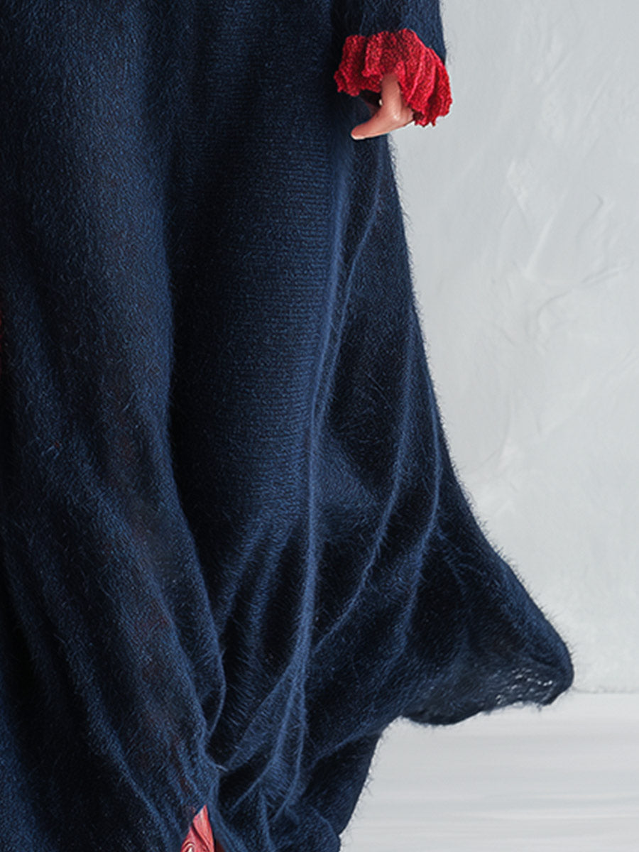 Elegant Color-Block Ruffled Dark Blue V-Neck Mohair Knitted Maxi Dress