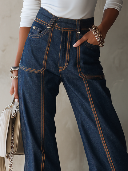 American Vintage Orange Contrast-stitch Panel High-waist Wide-leg Jeans