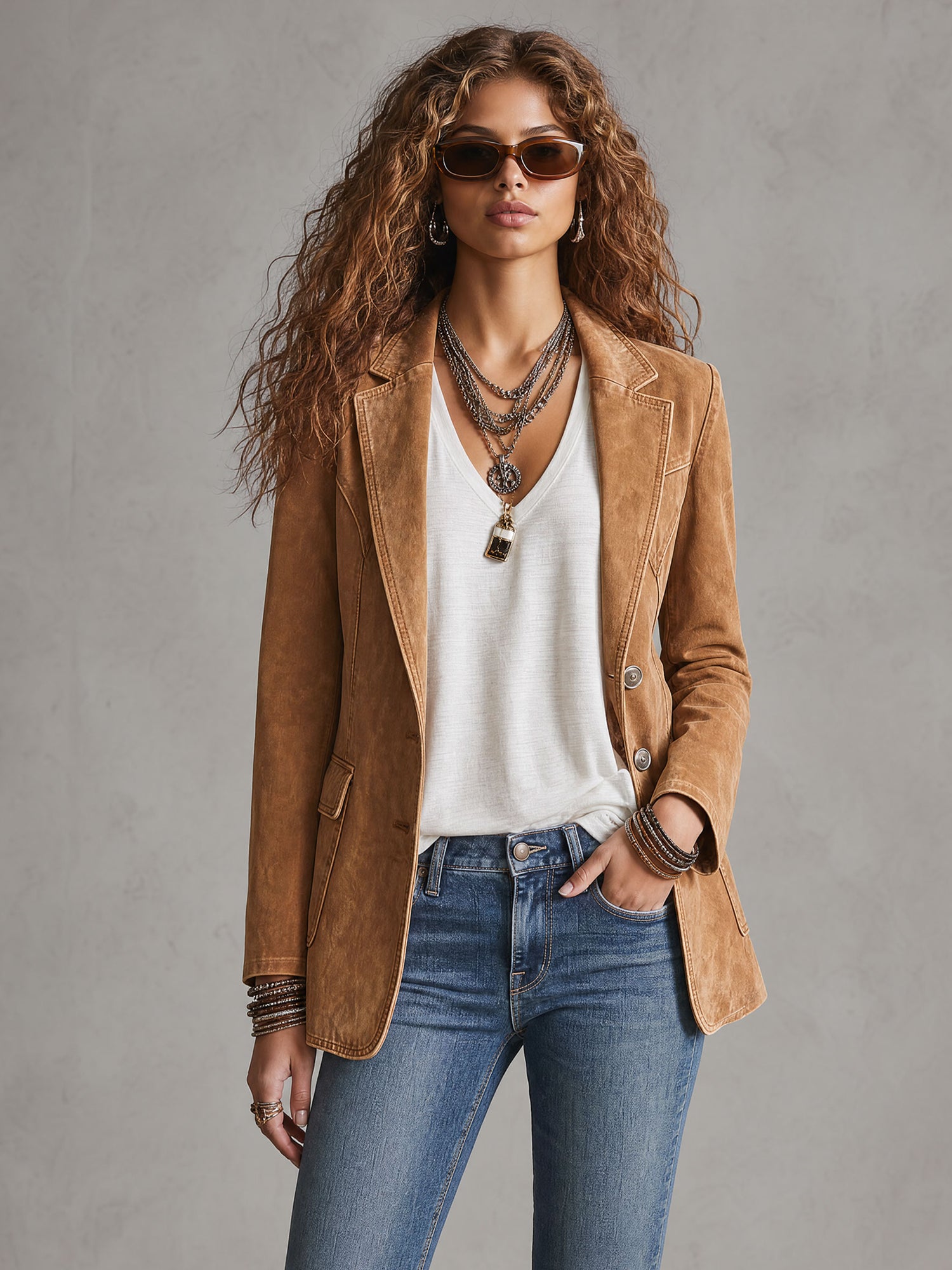 Casual Retro Camel Denim Blazer