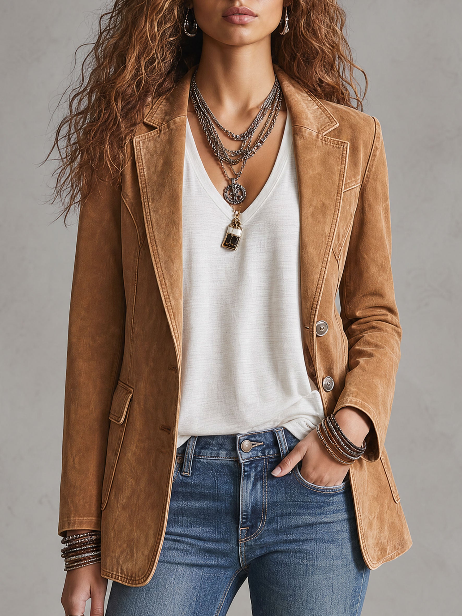 Casual Retro Camel Denim Blazer
