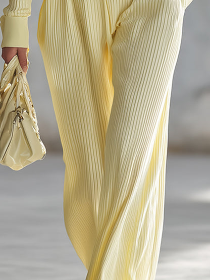 Chic Light Yellow Button-up Top And Wide-leg Trousers Lightweight Knit Set