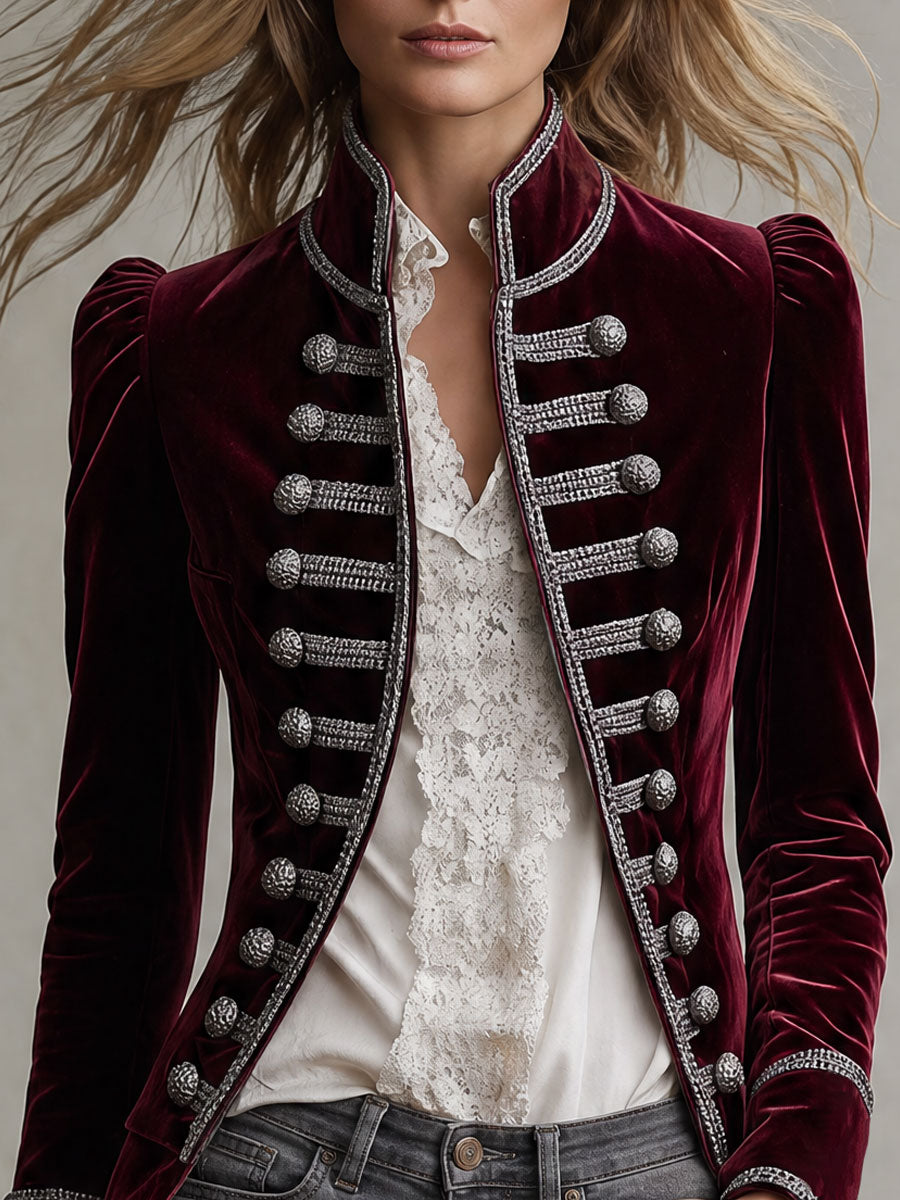 Retro Court Style Burgundy Velvet Military Coat